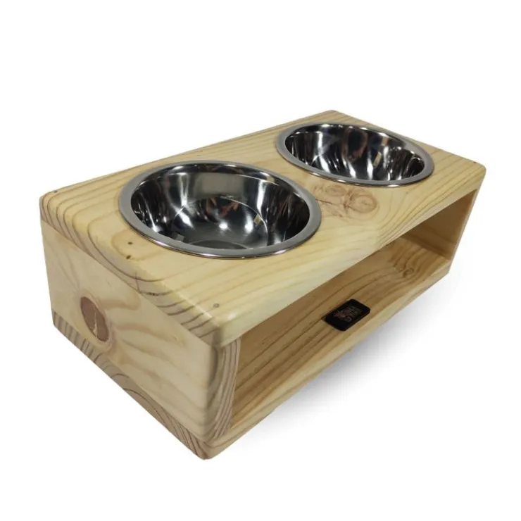 Inca Miau Comedero Elevado Doble de Madera con Platos de Acero