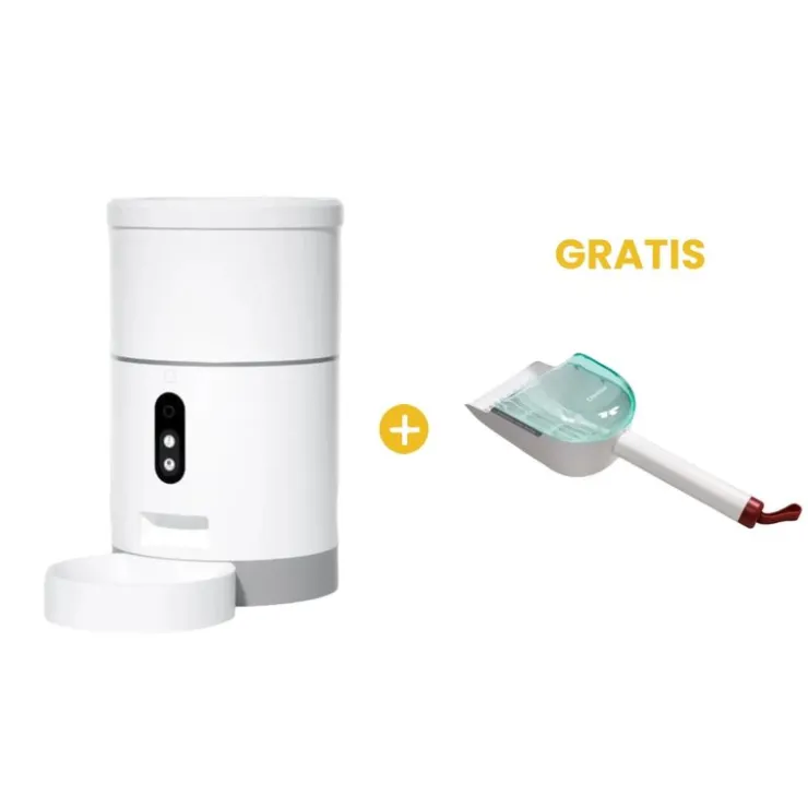 GoPet USA Qhalitech Comedero Automático con Cámara y Visión Nocturna + GRATIS Pala Giratoria Recogedor de Arena