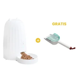 GoPet USA Qhalitech Comedero Musical Automático con Grabador de Voz + GRATIS Pala Giratoria Recogedor de Arena