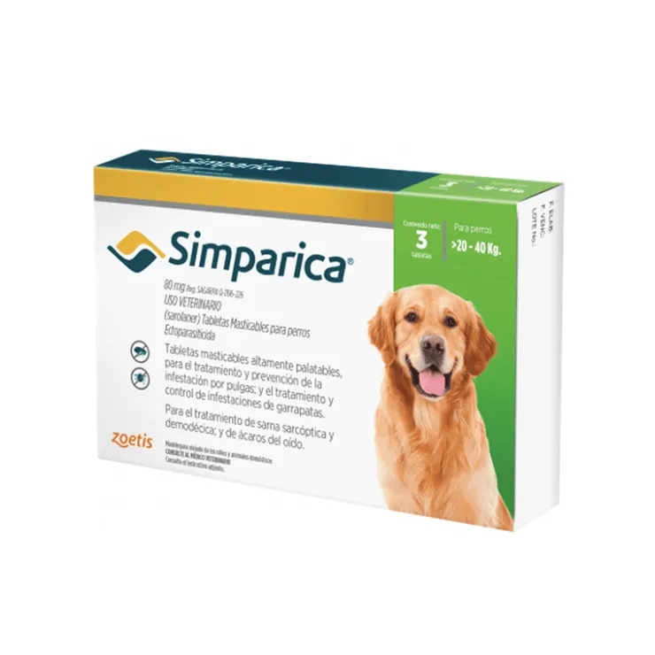 Simparica 80 mg (20 a 40 Kg) X 3 Tabletas